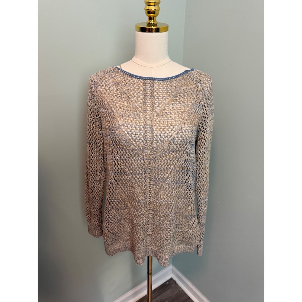 John Paul Richard Open Knit Chevron Sweater Tan Blue M5077152J‎ Womens Medium